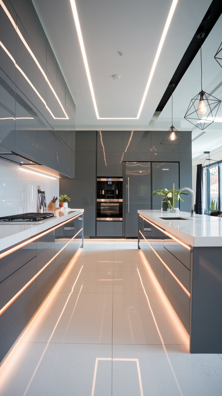 Matte Gray Kitchen Cabinets with LED Lighting