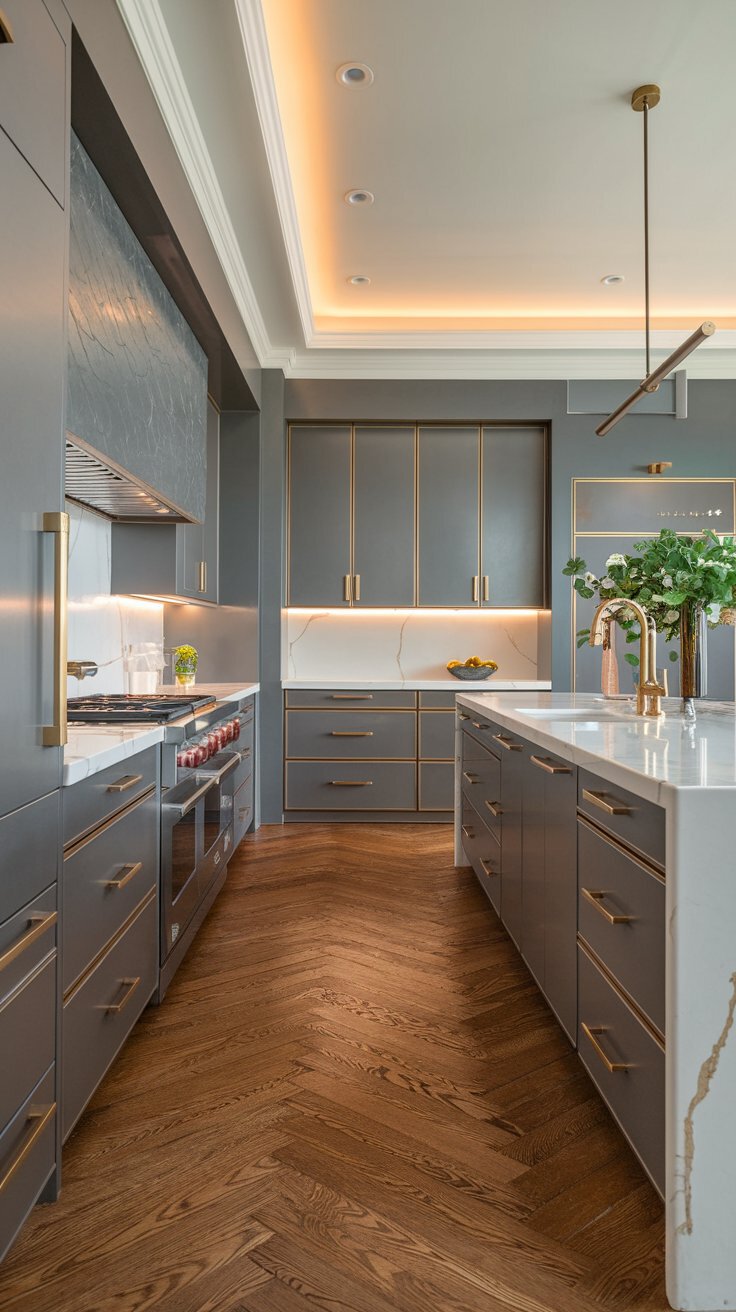 Luxury Gray Kitchen Cabinets with Gold Accents
