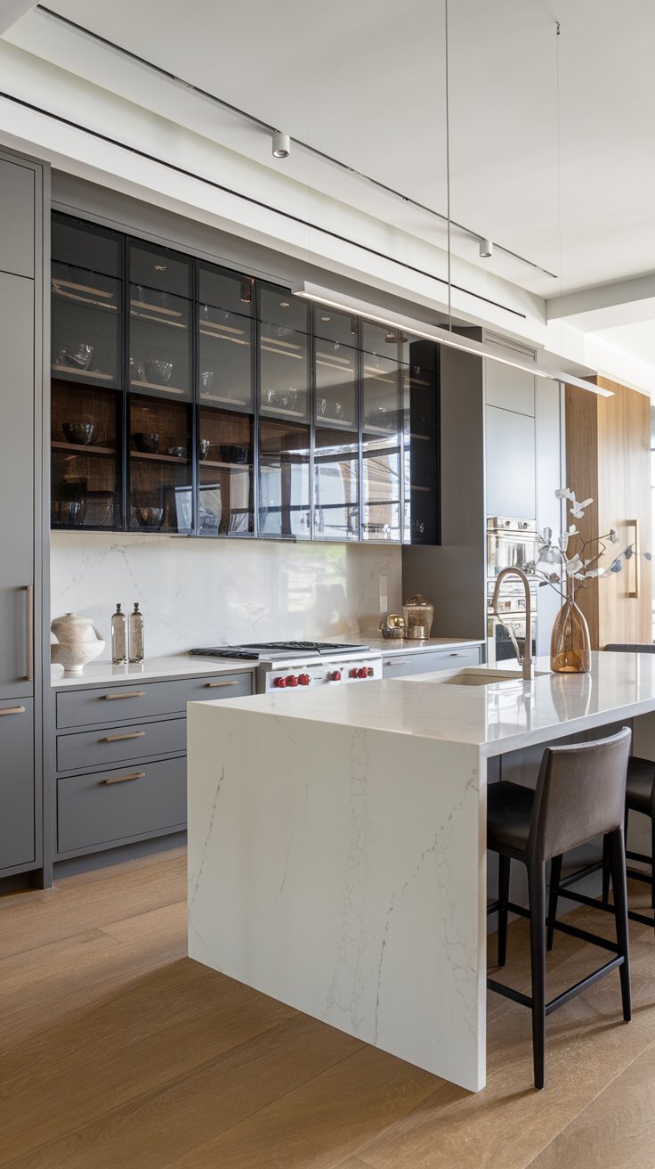 Ash Gray Kitchen Cabinets with Smoked Glass