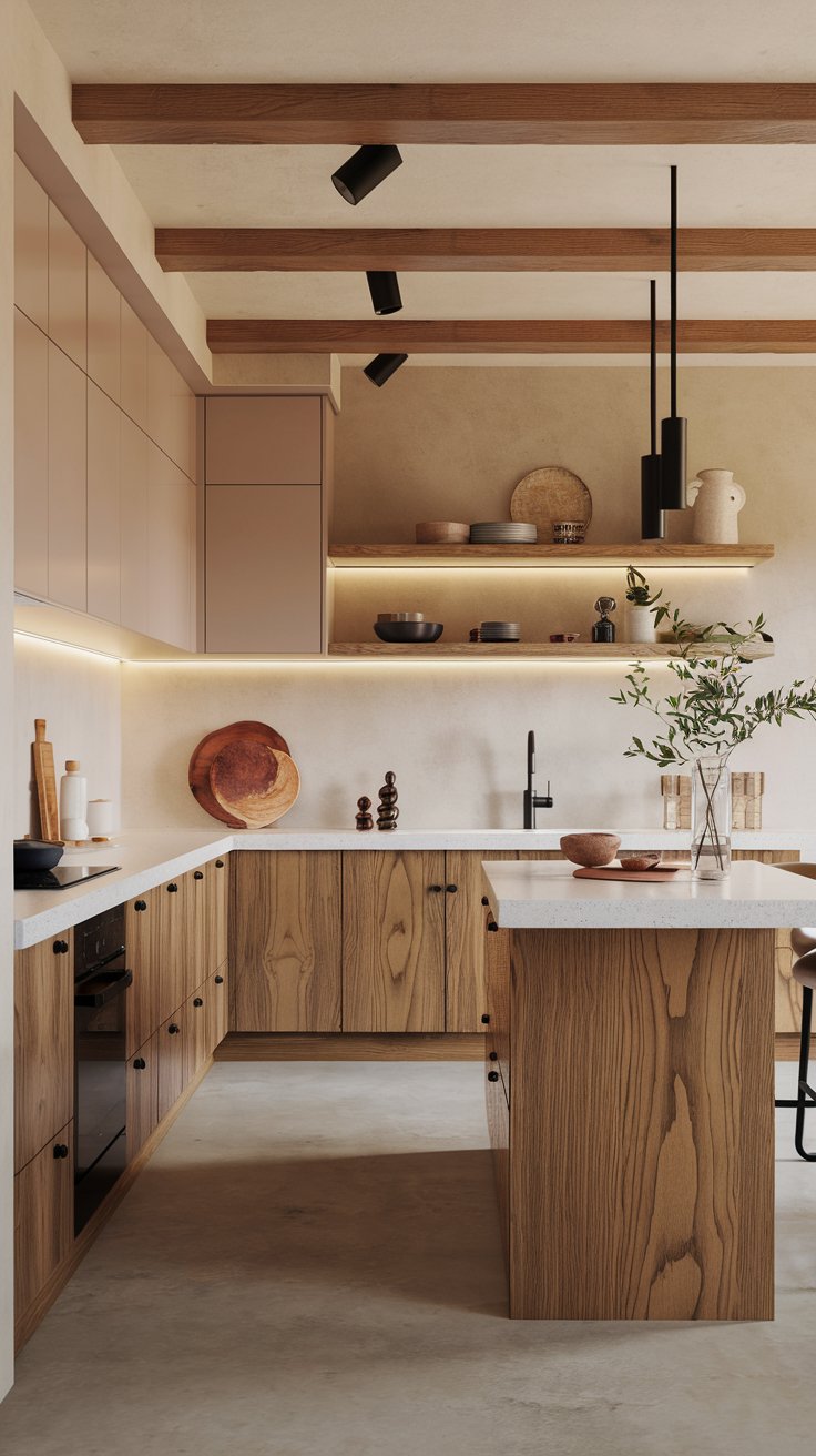 Warm Gray Kitchen Cabinets with Wood Accents