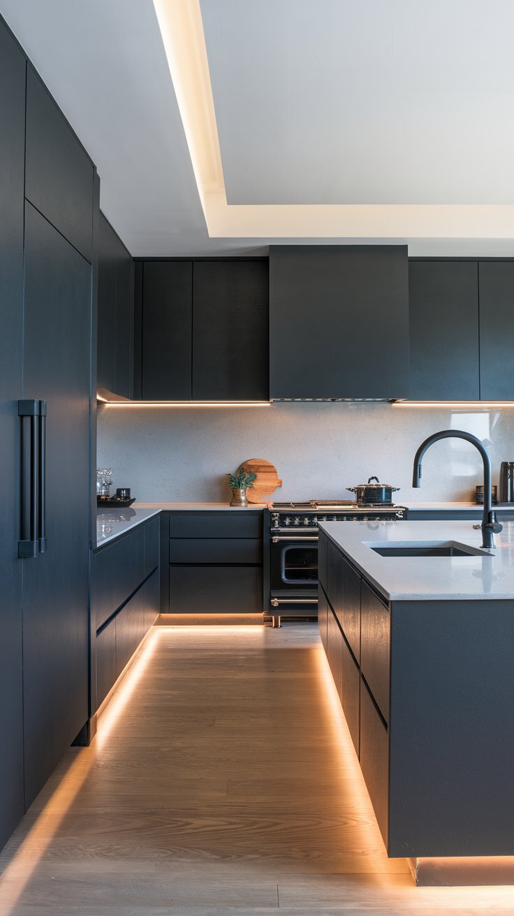 Monochrome Dark Gray Kitchen Cabinets and Backsplash