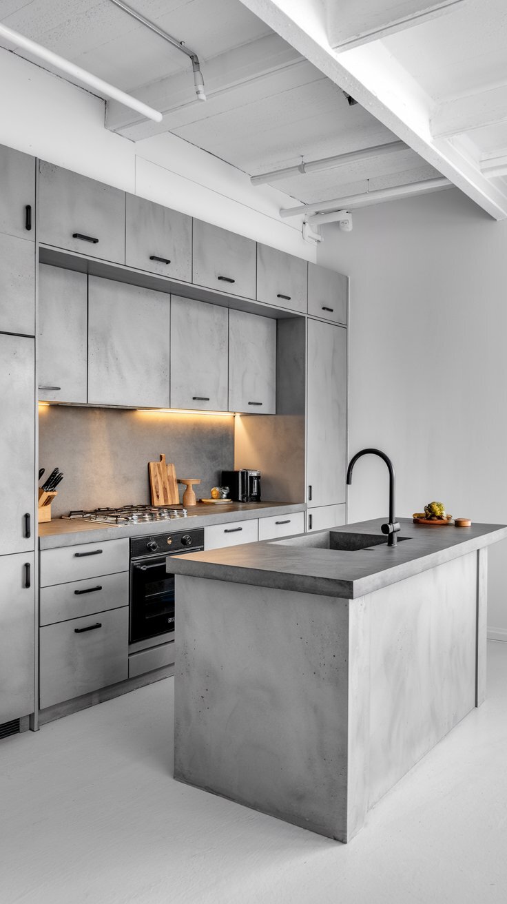 Concrete-Inspired Gray Kitchen Cabinets