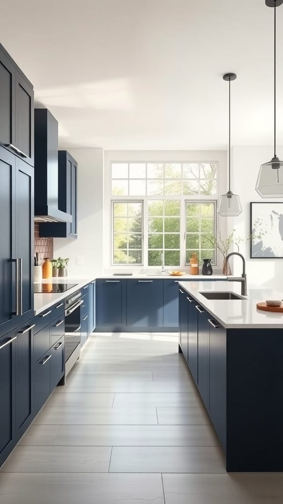 A beautifully designed kitchen featuring navy blue cabinets, bright countertops, and large windows that bring in natural light.