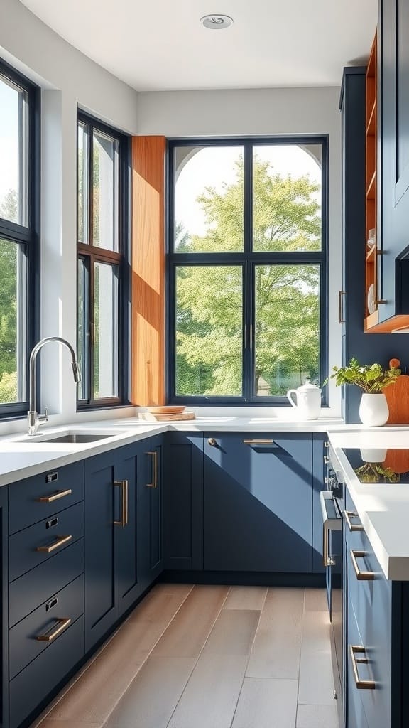A kitchen featuring matte navy blue cabinetry with gold hardware and white countertops.