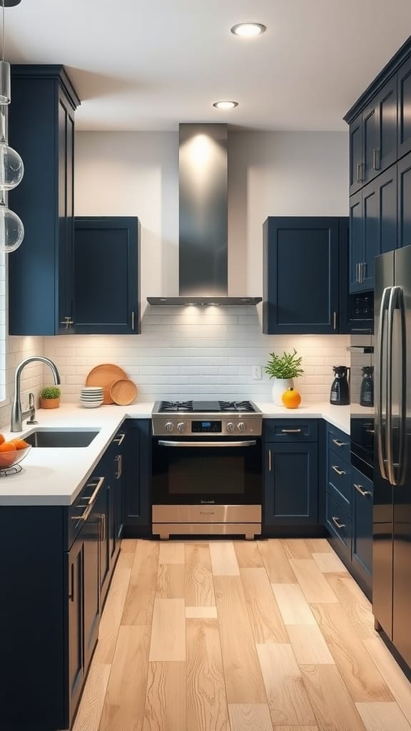 Modern kitchen featuring navy blue cabinets, white countertops, and light wood flooring.