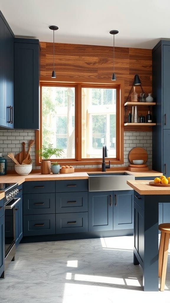 A bright kitchen featuring dark navy blue cabinets, wooden elements, and a light stone countertop, with sunlight streaming in through large windows.