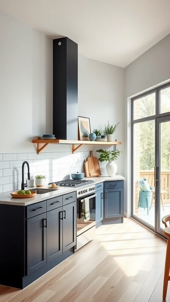 A Scandinavian-inspired kitchen featuring navy blue cabinets with wooden accents and large windows.
