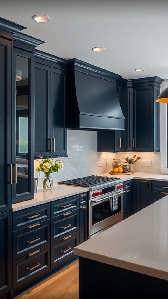 Interior view of a modern kitchen featuring navy blue cabinets, white countertops, and wooden flooring.