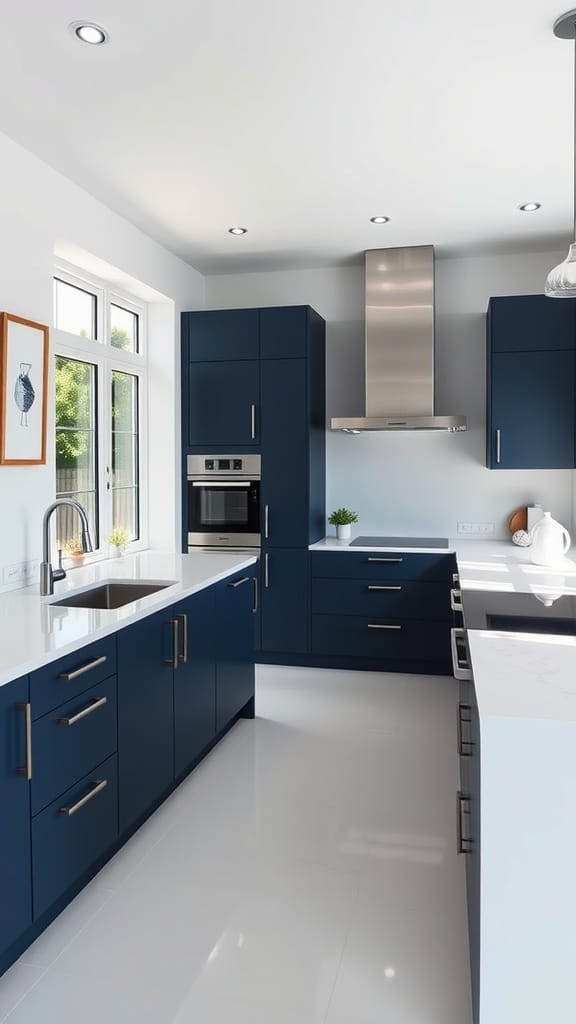 Modern kitchen featuring handleless navy blue cabinets with wood accents.