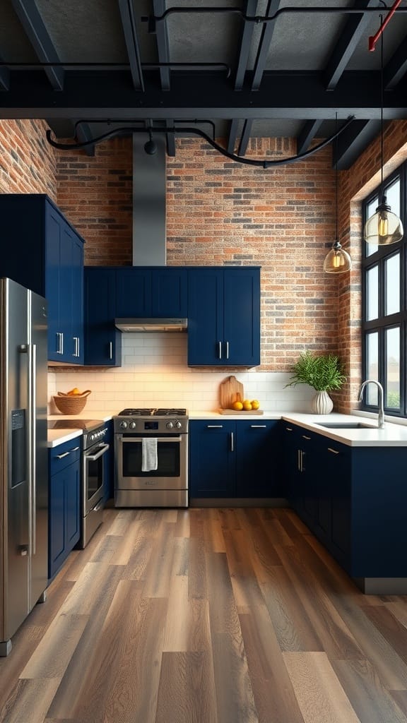 Modern industrial kitchen featuring navy blue cabinets, stainless steel appliances, and exposed brick walls.