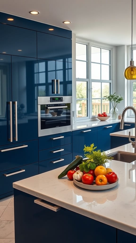 A modern kitchen featuring high-gloss navy blue cabinets with gold hardware and a white countertop.