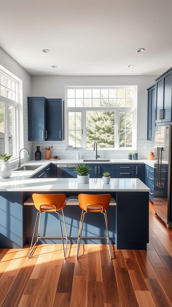 Modern kitchen with navy blue cabinets and white countertops, featuring a blue kitchen island and orange chairs