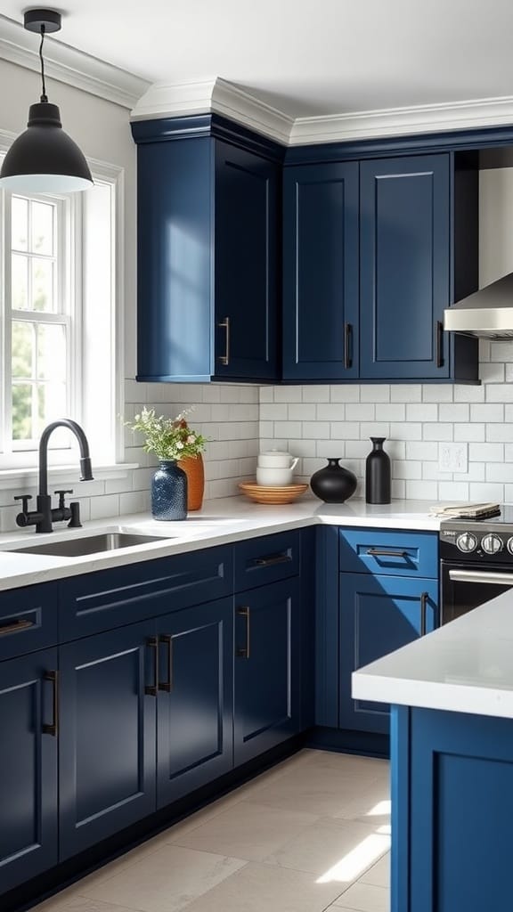 Modern kitchen with navy blue cabinets and black hardware