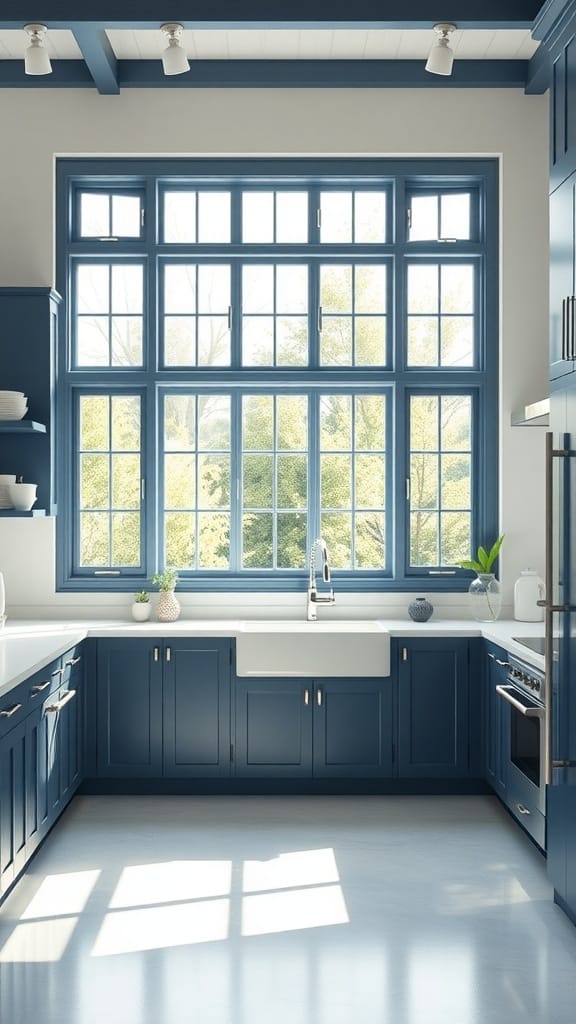 Bright kitchen featuring navy blue cabinets with glass fronts and large windows