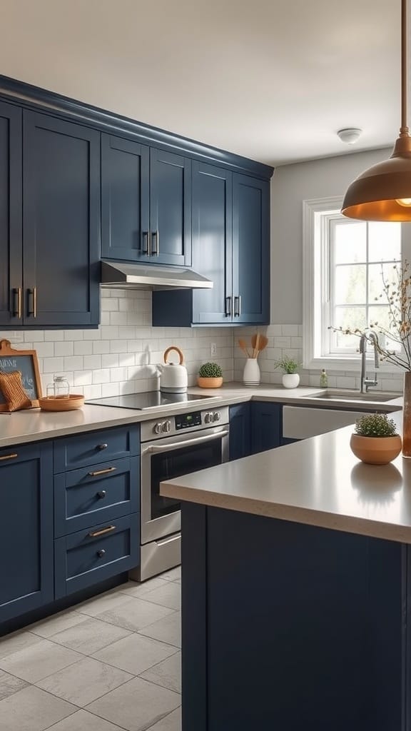 A modern kitchen with navy blue cabinets and light wood accents.