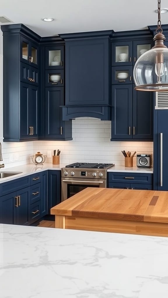 A stylish kitchen featuring dark navy cabinets, a light countertop, and a cozy atmosphere.