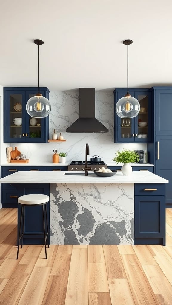 A stylish kitchen featuring navy blue cabinets, a marble waterfall island, and wooden flooring.
