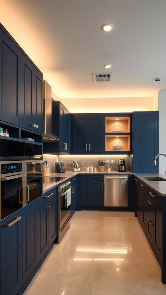 Modern kitchen featuring dark navy blue cabinets with a sleek design and tech appliances.