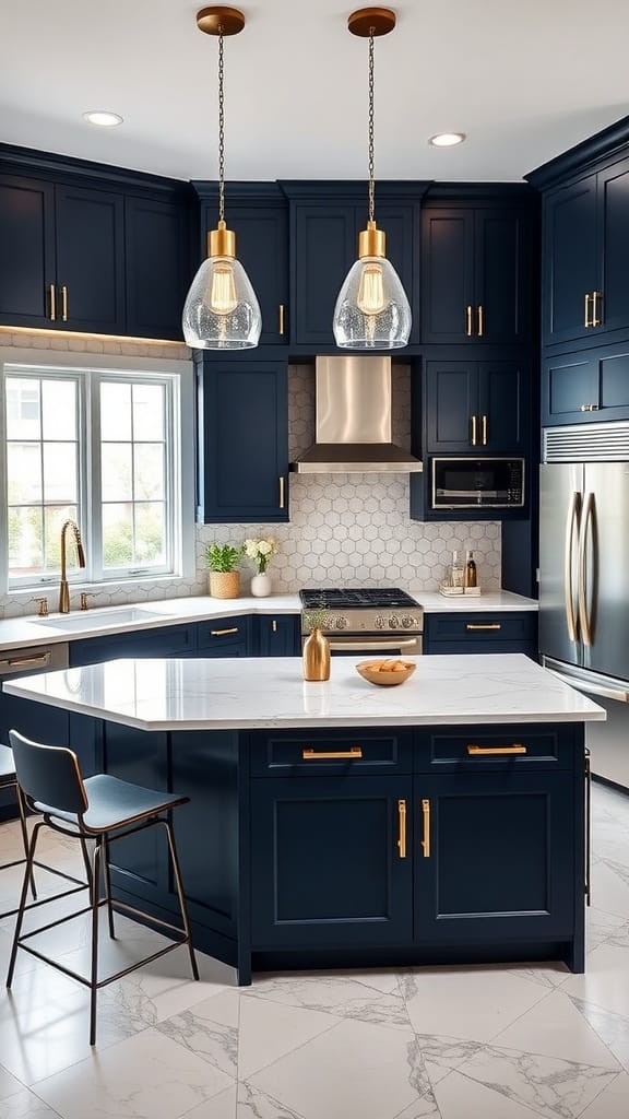 Modern kitchen with navy blue cabinets and marble accents