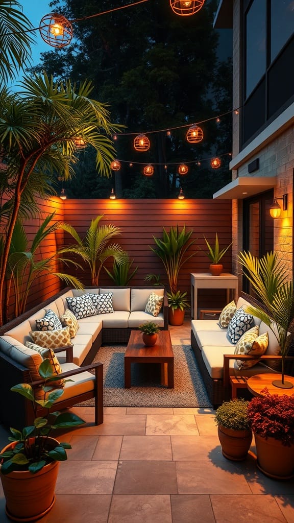A cozy small patio featuring modular seating, plants, and string lights creating a warm ambiance.