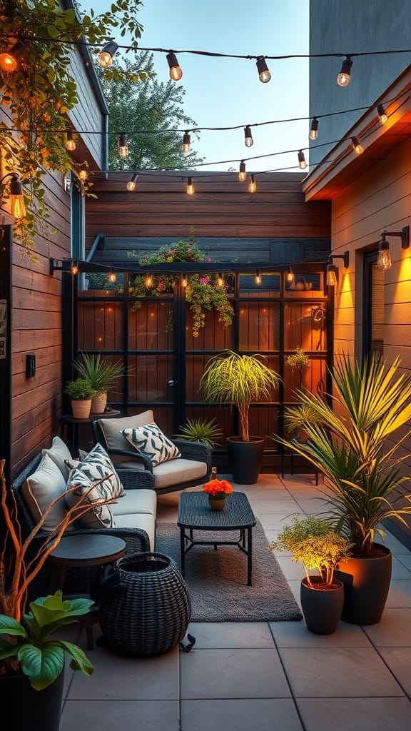 A cozy small patio featuring comfortable seating, potted plants, and string lights creating a warm atmosphere.