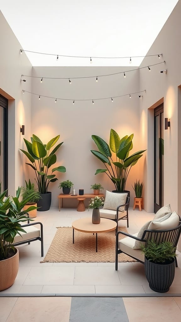 A stylish minimalist patio with plants, seating, and ambient lighting.