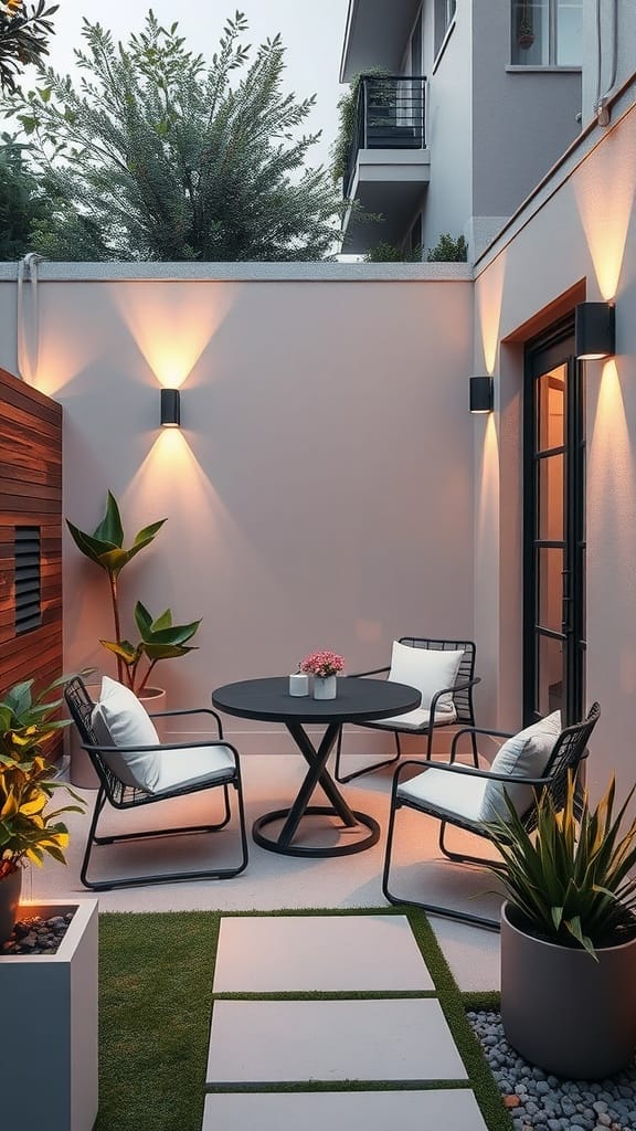 A small patio with vertical planters, cozy seating, and decorative lighting.