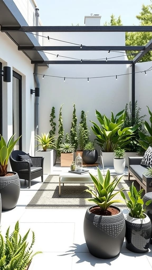 Stylish monochrome patio with greenery and modern furniture