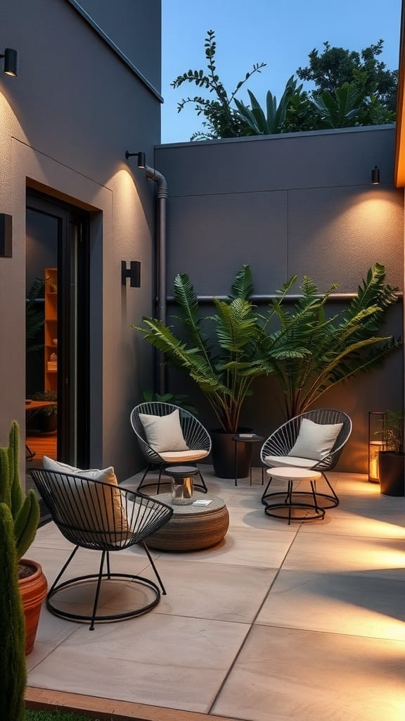 Modern small patio with concrete flooring, metal furniture, and plants, featuring string lights overhead.