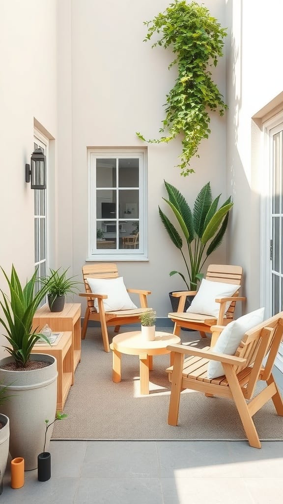 A minimal Scandinavian-style patio with wooden chairs, a small table, and various plants.