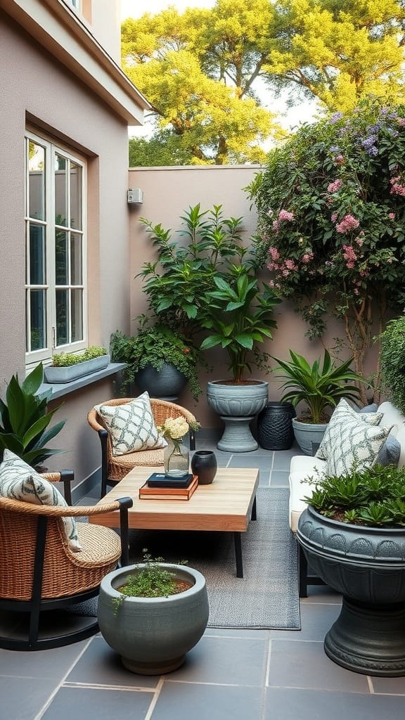 Stylish small patio with wooden pergola, comfortable seating, and potted plants