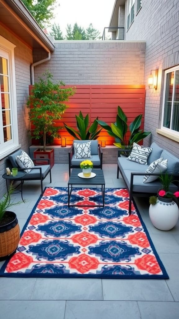 A small patio with a geometric outdoor rug, cozy furniture, and plants under string lights.