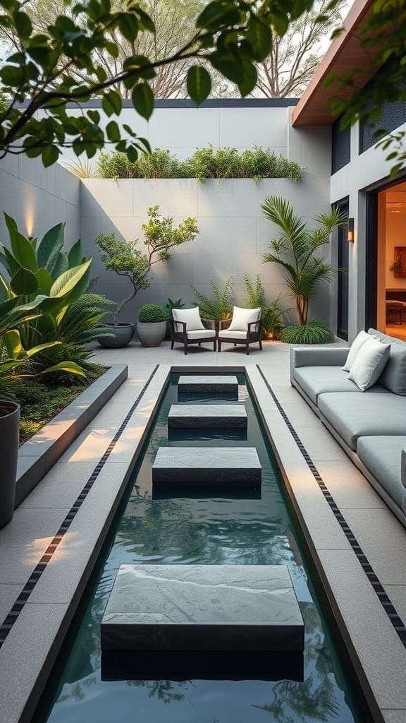 A modern zen-inspired patio with a sleek water feature, surrounded by greenery and soft lighting.