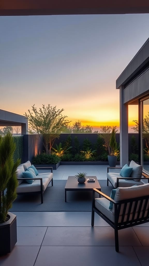 A contemporary patio with clean lines and neutral tones, featuring comfortable seating and lush plants.