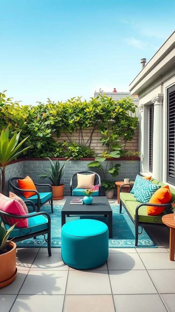 A small, vibrant patio with colorful seating, cushions, and plants, showcasing a high-contrast color palette.