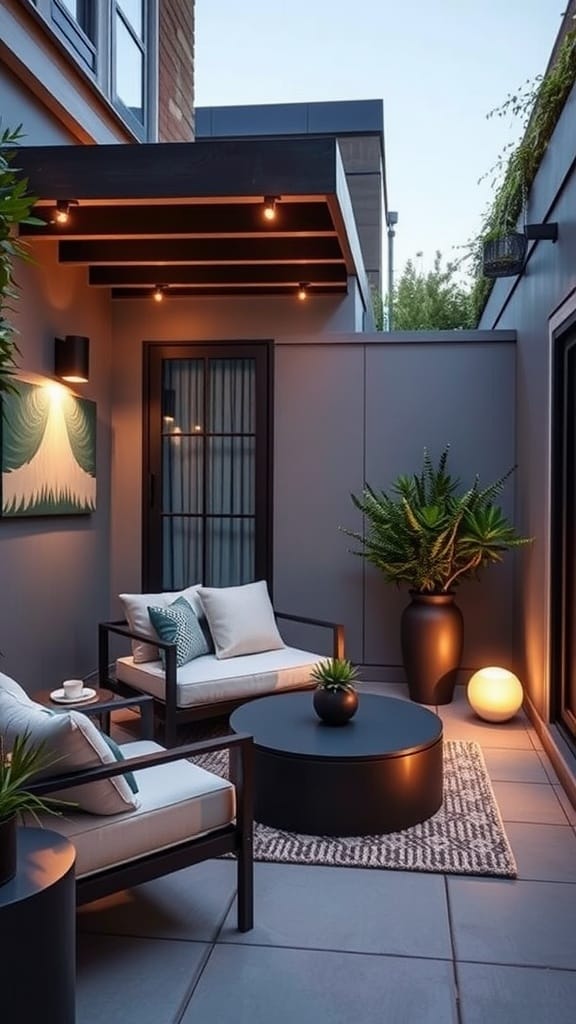 A cozy patio with vibrant plants in unique sculptural planters, stylish furniture, and string lights in the background.