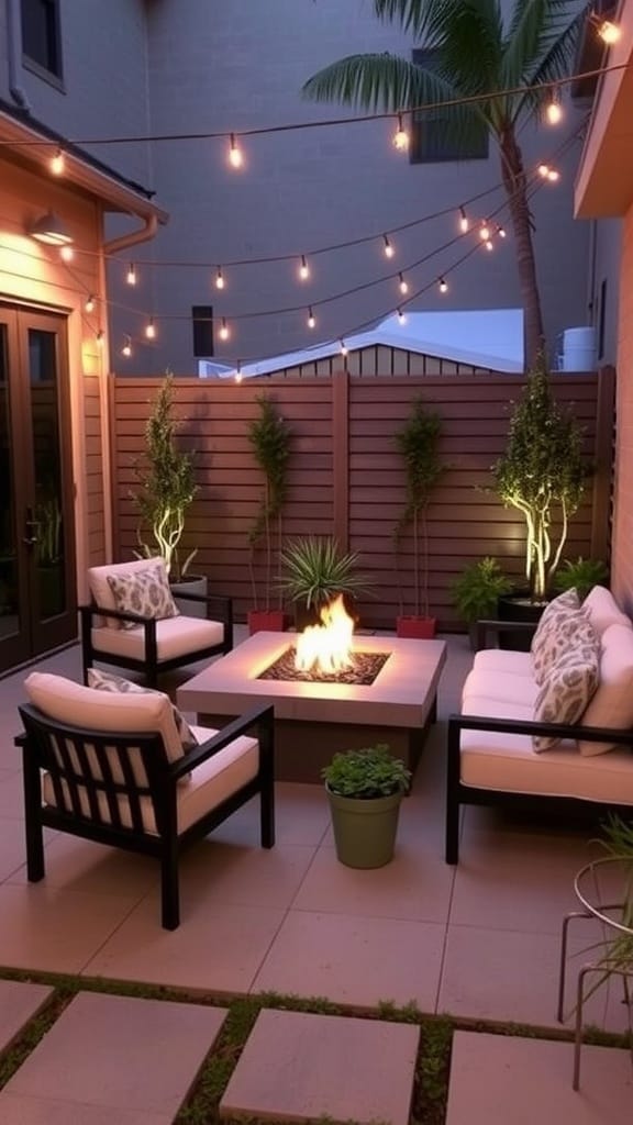 Chic patio with built-in fire pit, comfortable seating, string lights, and plants