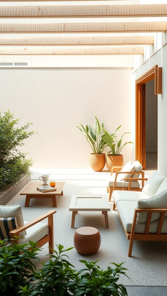 A cozy Japandi-style patio with wooden furniture, potted plants, and a warm color scheme.