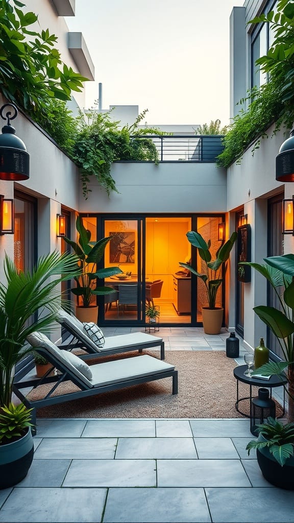 Cozy modern patio with loungers and greenery