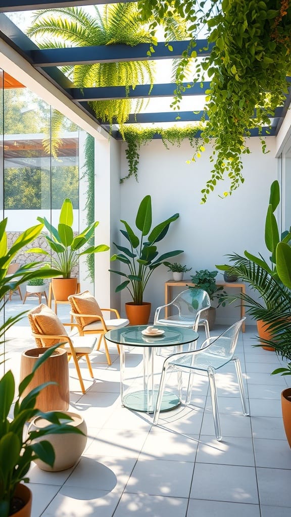 A modern patio featuring transparent acrylic chairs and a glass table surrounded by lush greenery in pots.