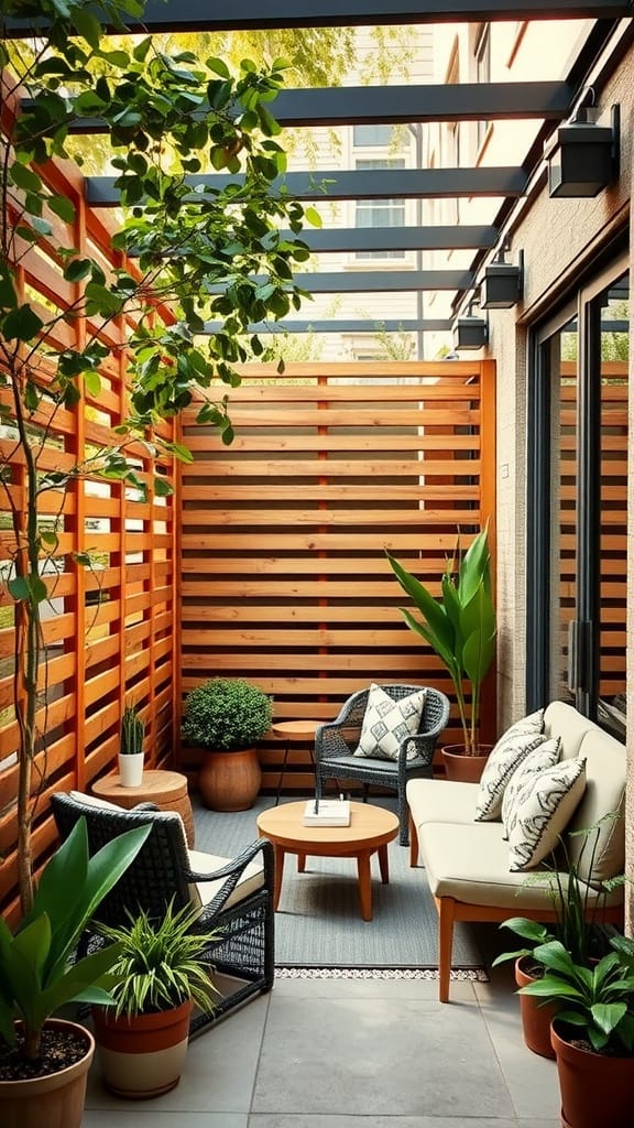 Cozy small patio with slatted wood dividers, plants, and seating.