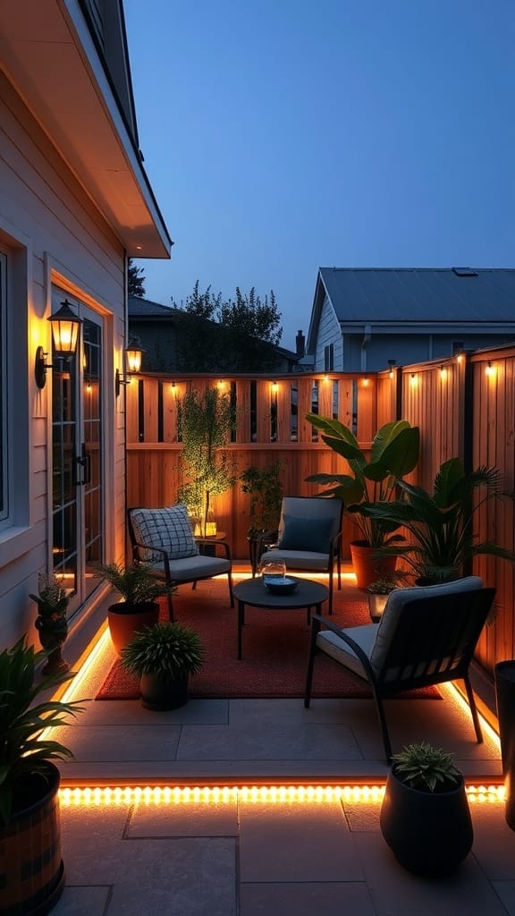 Cozy small patio with LED strip lighting, seating, and plants.
