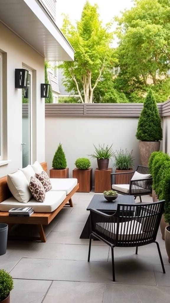 A small patio featuring a floating bench with cushions, surrounded by potted plants.