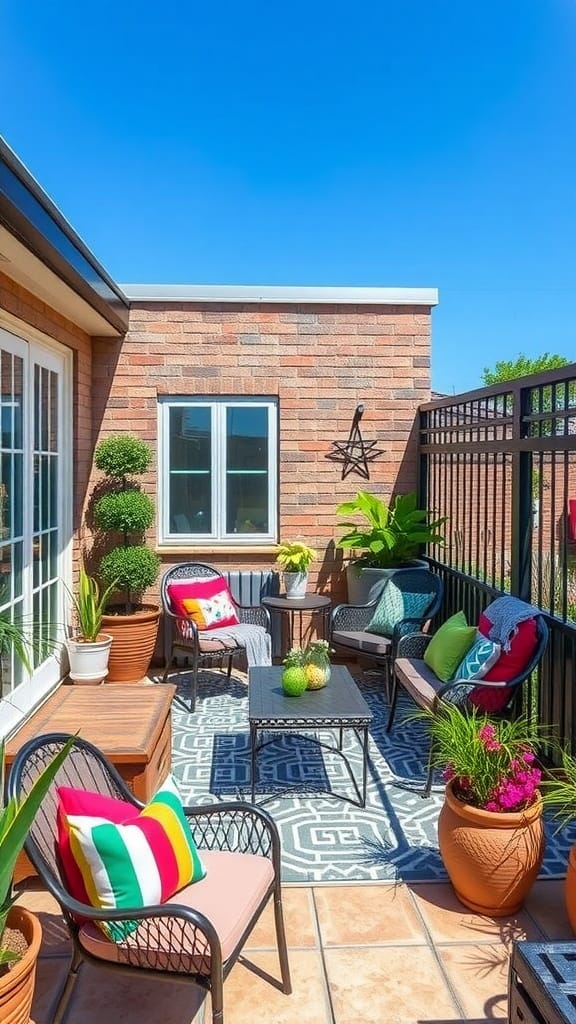 Cozy small patio with comfortable seating and vibrant cushions surrounded by plants.