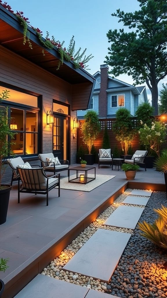 A stylish small patio featuring modern furniture, pebbled pathways, and decorative plants under string lights.