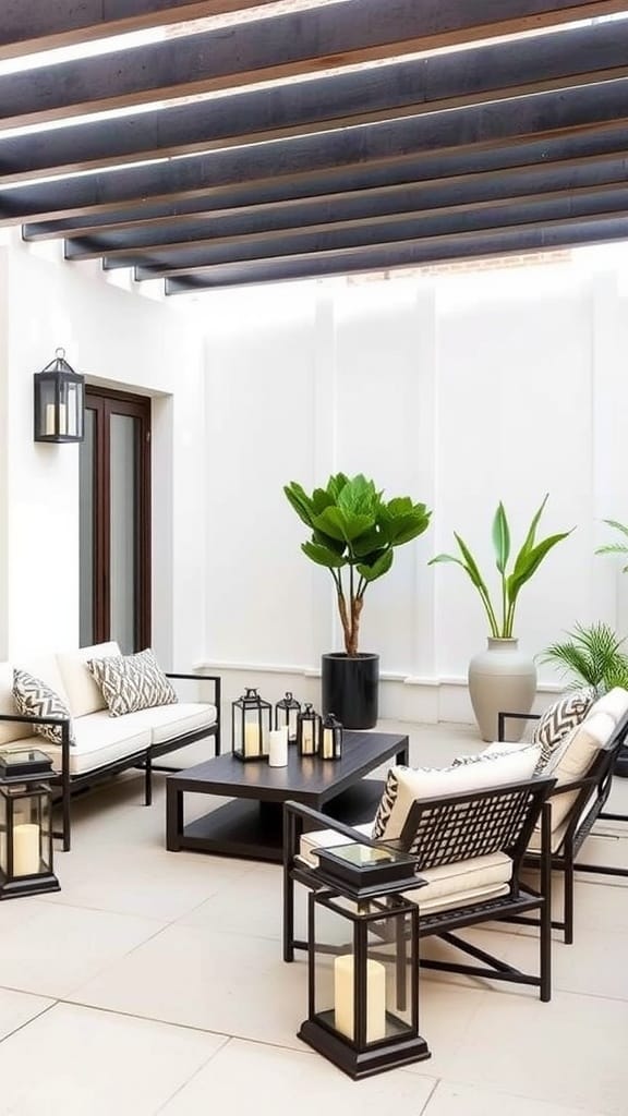 A modern, minimalist patio with lush greenery, cozy seating, and warm lighting.
