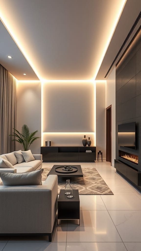 Modern living room featuring smart lighting with a cozy and contemporary design.