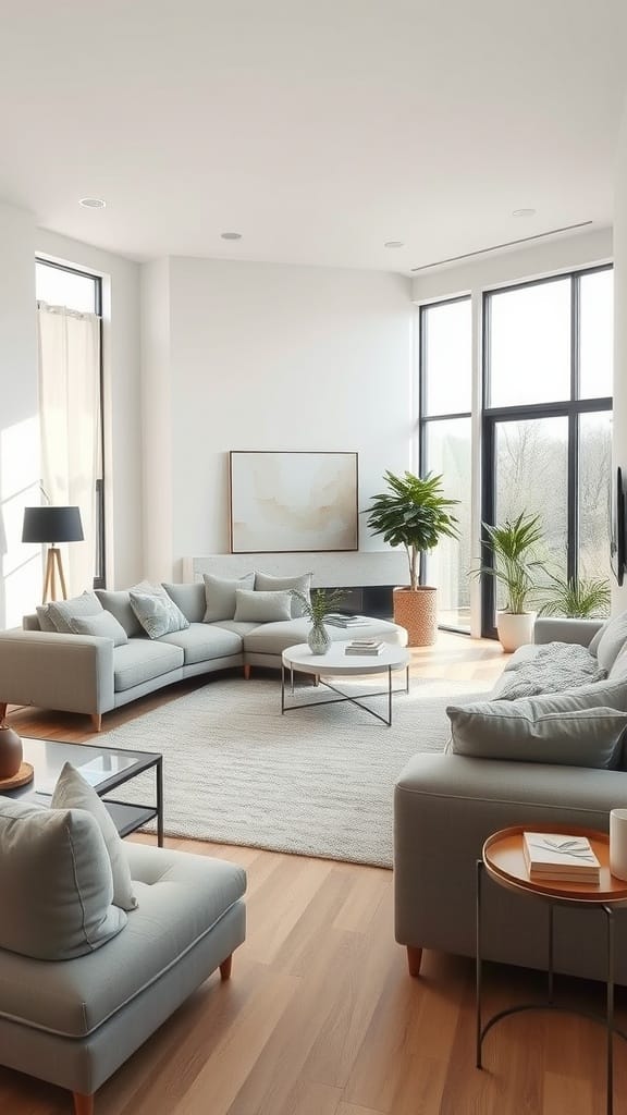 A minimalist living room featuring large windows, light-colored furniture, and natural decor.