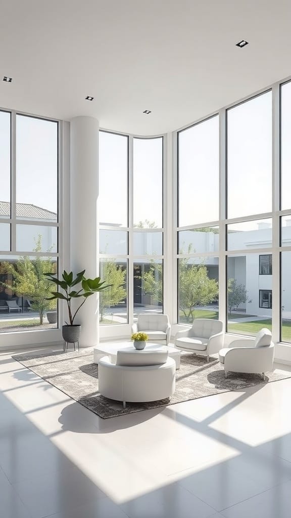 A modern living room featuring floor-to-ceiling windows, showcasing a bright and airy atmosphere.