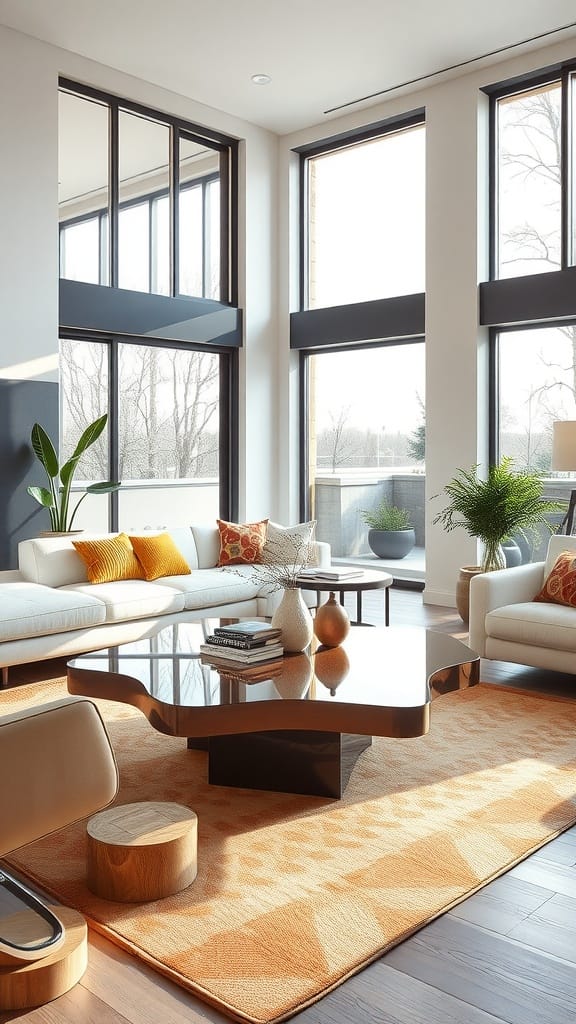 A modern living room featuring a sculptural coffee table, neutral color scheme, and large windows.